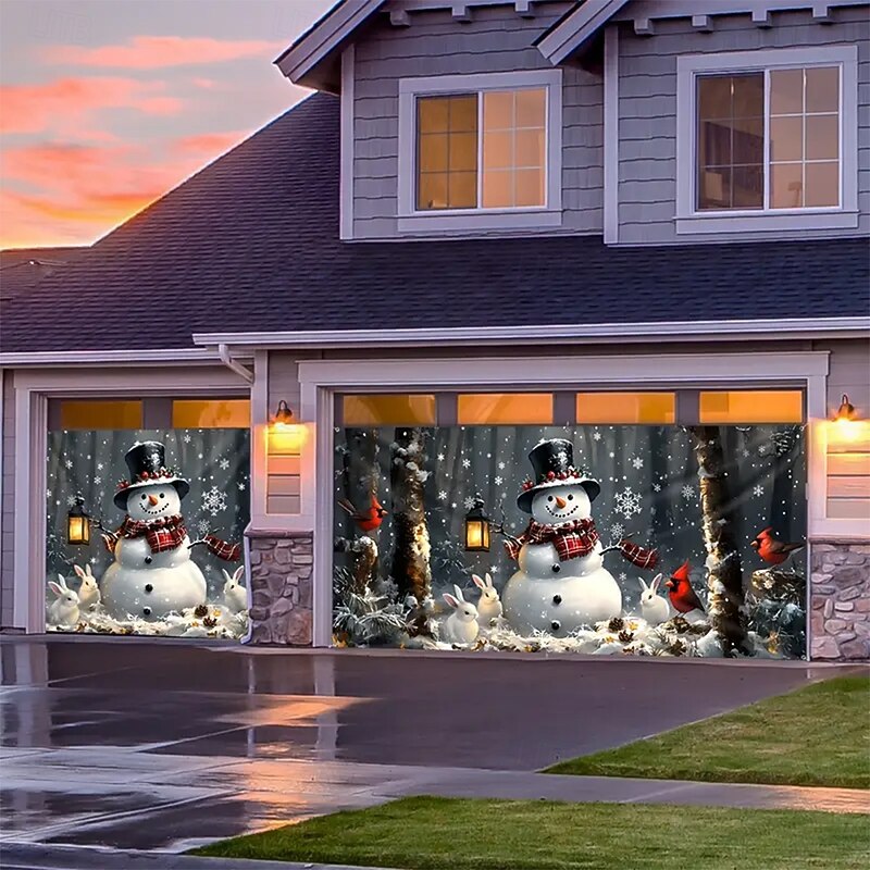 Christmas Tapestry Garage Door Cover Large Hanging Backdrop Snowman Cute 3D Party Outdoor Holiday Shooting Backgrounds Yard Home Decor2