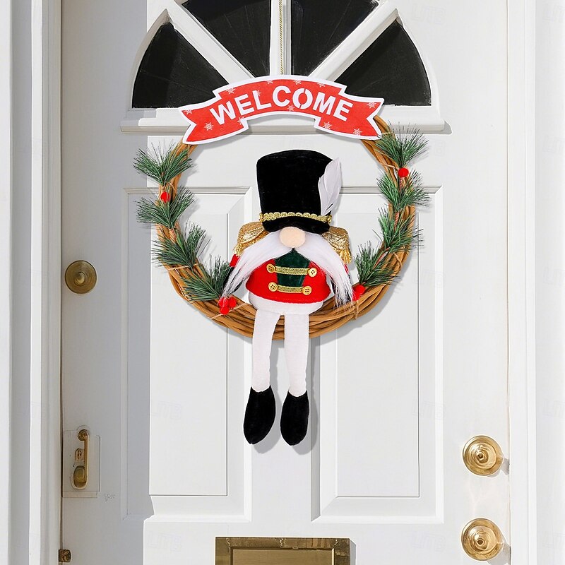 Christmas Soldier Wreath Welcome Wooden Sign Decor Gnome Doll Vine Garland Front Door Hanging Decoration Holiday Party Mall Window Display Christmas Ornament3