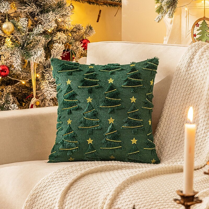 Christmas Embroidered Throw Pillow Cover with Colorful Lights, Vintage American Style Cushion Case for Sofa Couch, Holiday Decorative Pillowcase for Living Room Home Decor