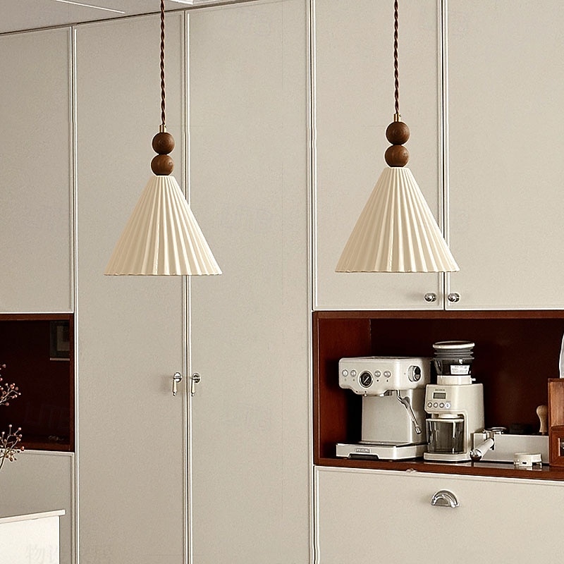 Pleated Fabric Tapered Pendant Light, Ceramic Wood Pendant Light, Hanging Lamp for Dining Room, Restaurant, Bar, Bedroom 85-265V3
