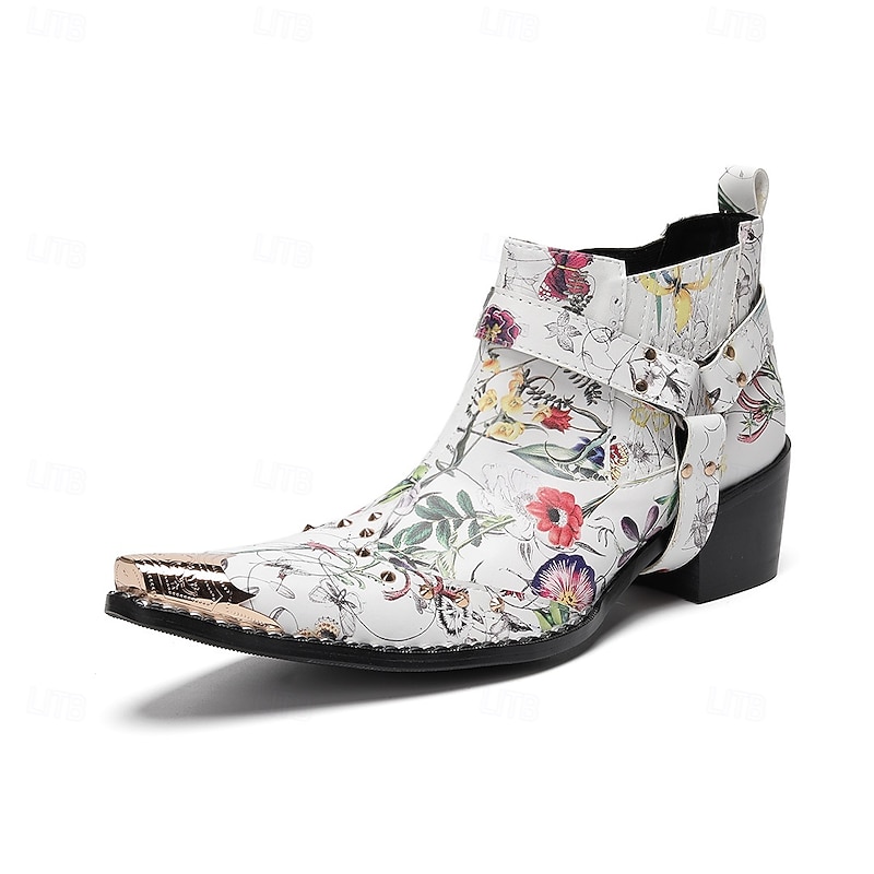 Men's Floral Print Leather Ankle Boots with Pointed Toe and Metal Buckle – Vintage Western Style Harley Motorcycle Boots for Fashion Shows, Concerts and Nightlife2