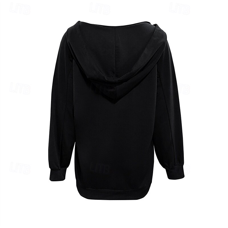 Women's Pullover Hoodie Sweatshirt Plain Sports Fashion Casual Long Sleeve Hooded Regular Tops Street Dailywear Drawstring Black Fall Winter4