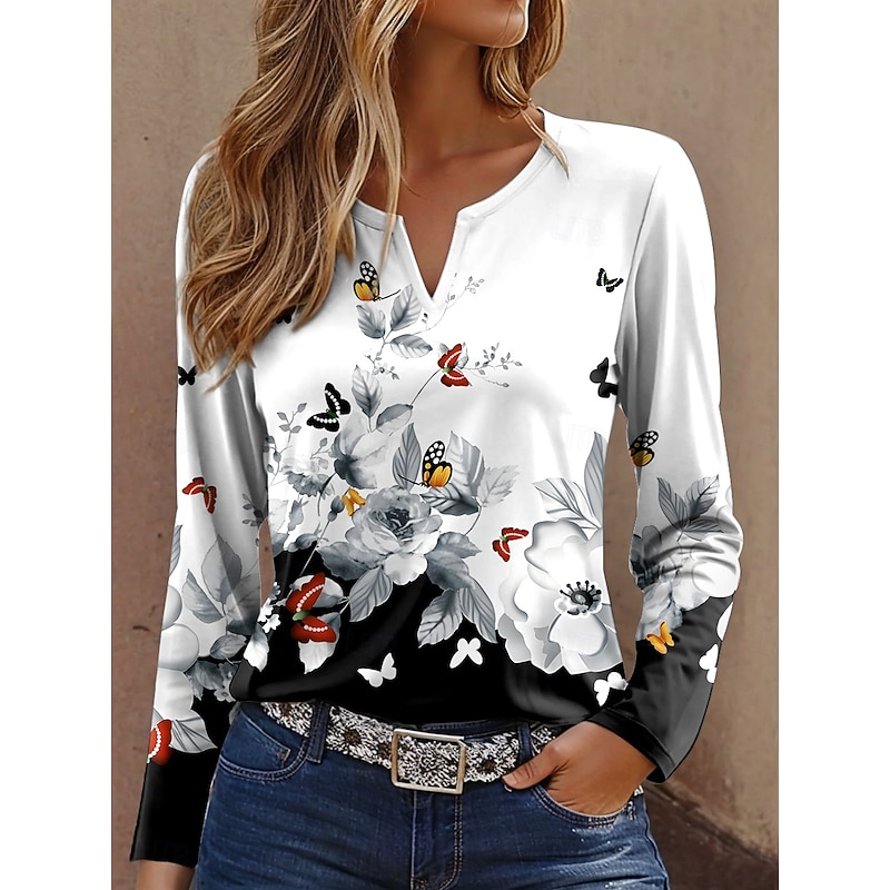 Women's T Shirt Floral Graphic Vintage Stylish Casual Long Sleeve Notched Neck Regular Tops Daily Weekend Print White Red Blue Purple Green Spring Fall Winter