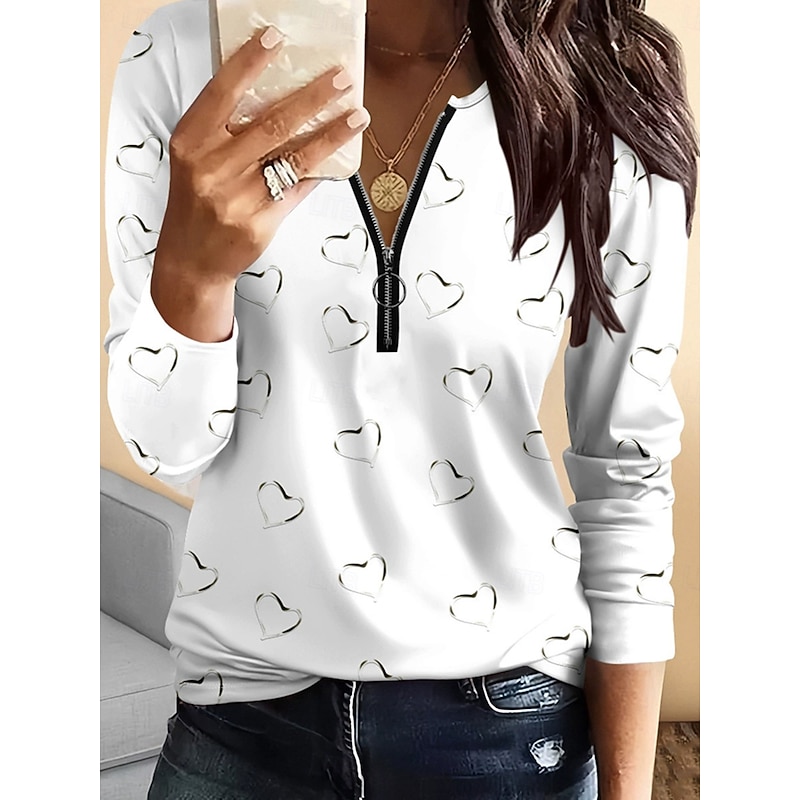 Women's T Shirt Ombre Heart Graphic Vintage Fashion Stylish Long Sleeve Crew Neck Regular Tops Daily Zipper Print White Purple Green Spring Fall Winter - Main Image
