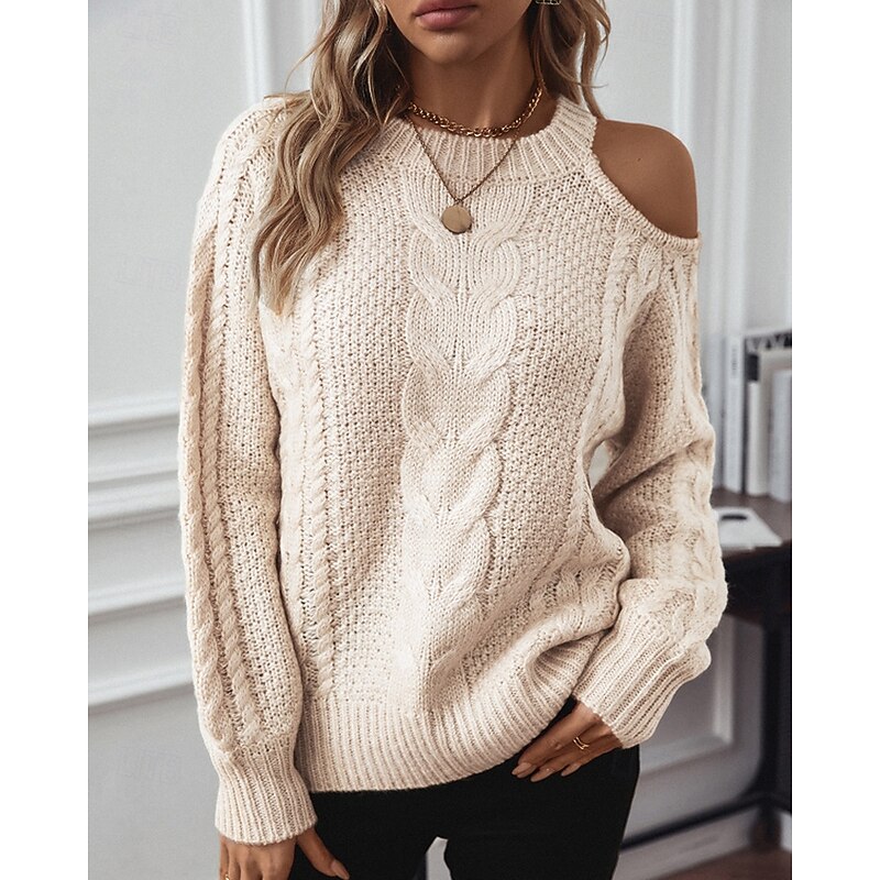 Women's Sweater Pullover Streetwear Casual Solid Color Cable Crew Neck Knitted Cold Shoulder Long Sleeve Regular Tops Knit Daily Holiday Going out Dark Gray Apricot Fall Winter2