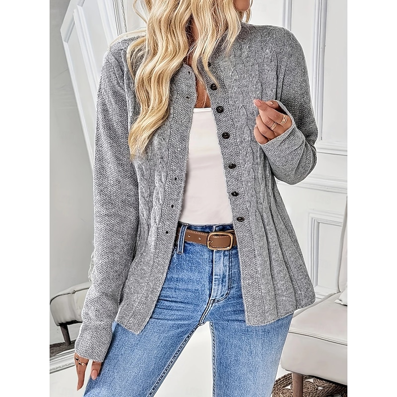 Women's Sweater Cardigan Elegant Fashion Streetwear Pure Color Crew Neck Pocket Knitted Long Sleeve Regular Tops Knit Outdoor Daily Weekend Gray Fall Winter3
