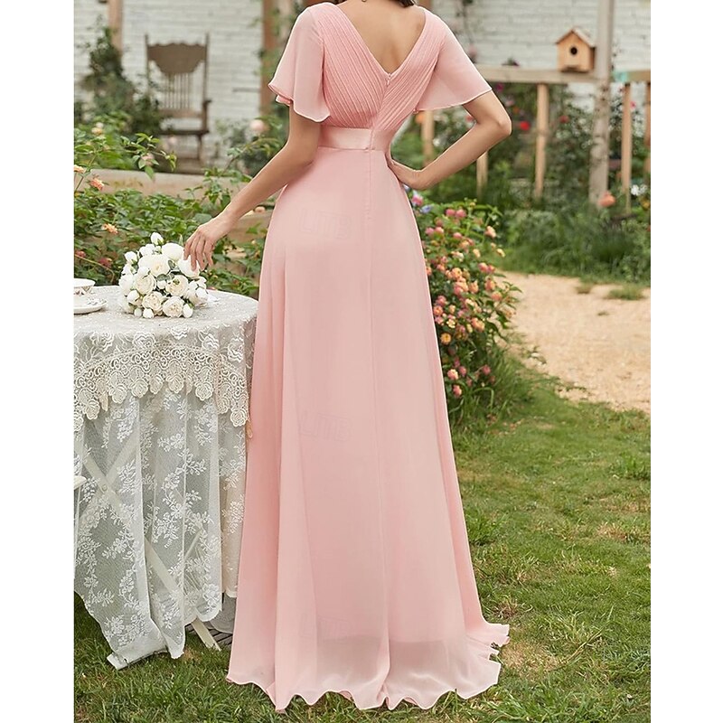 Women's Long Dress Maxi Dress Party Dress Chiffon Chiffon Dress Elegant Fashion Modern Outdoor Party Evening Party Regular Fit Plain Short Sleeve V Neck Pink Red Spring Autumn4