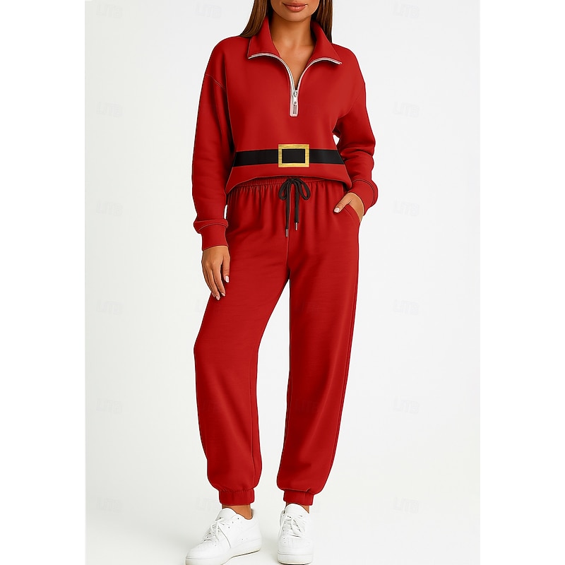 Christmas Women's Sweatshirt Tracksuit 2 Piece Tracksuit Drawstring Zip Up Geometric Clothing Suit Fall Red Vocation Outdoor Travel Lightweight Fashion Long Sleeve Sport Activewear Stretchy Regular3