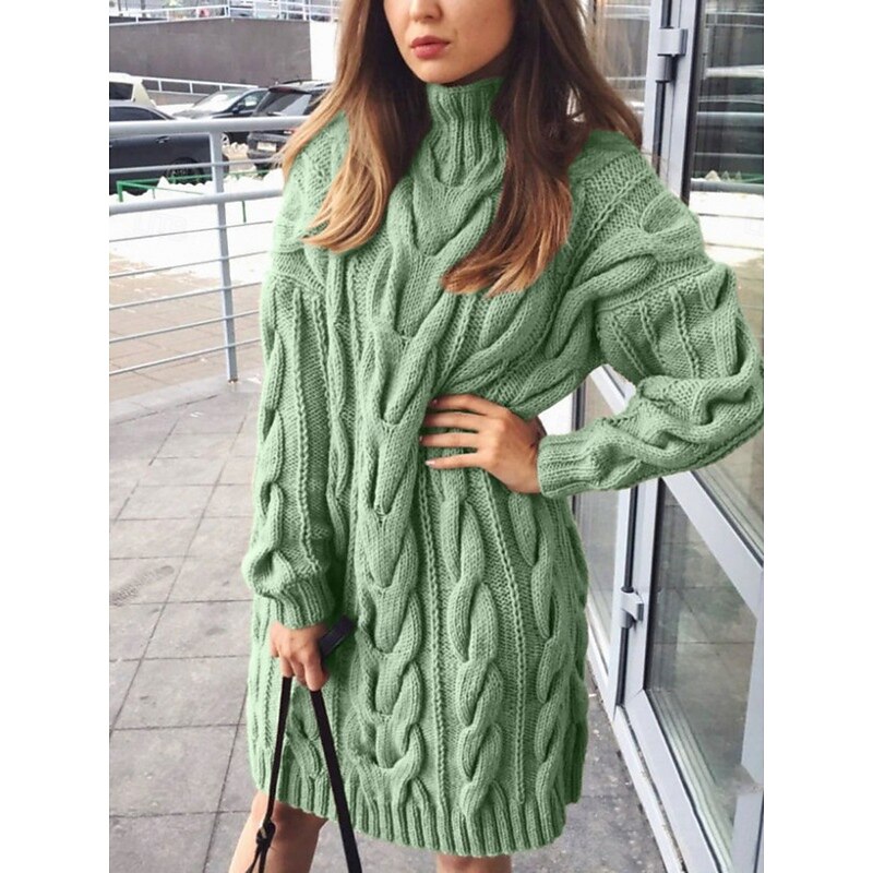 Women's Sweater Sweater Dress Casual Soft Pure Color Ribbed Crew Neck Knitted Long Sleeve Long Tops Knit Outdoor Daily Weekend Black Green Fall Winter2
