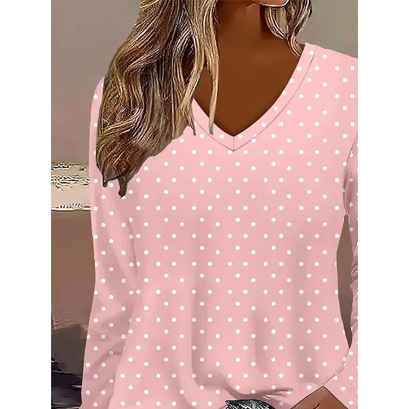Women's T Shirt Graphic Geometric Polka Dot Vintage Stylish Classic Long Sleeve V Neck Regular Tops Daily Print Pink Spring Fall Winter2