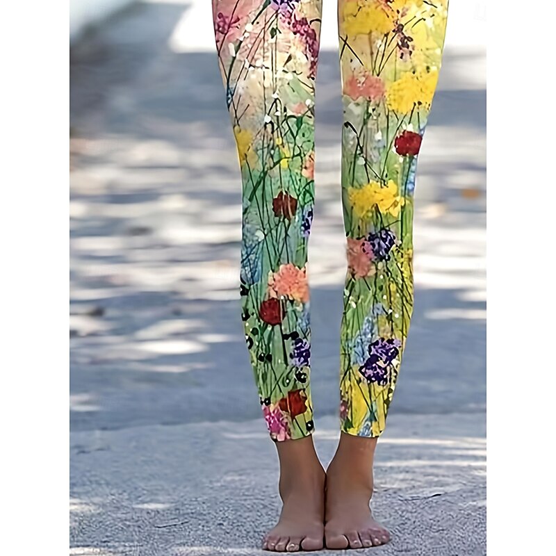 Women's Slacks Leggings Cozy Leggings Vacation Vintage Streetwear Full Length Natural Floral Graphic Flower Elastic Waist Print Comfy Outdoor Comfortable Stretchy Outdoor Vacation Streetwear Yellow2