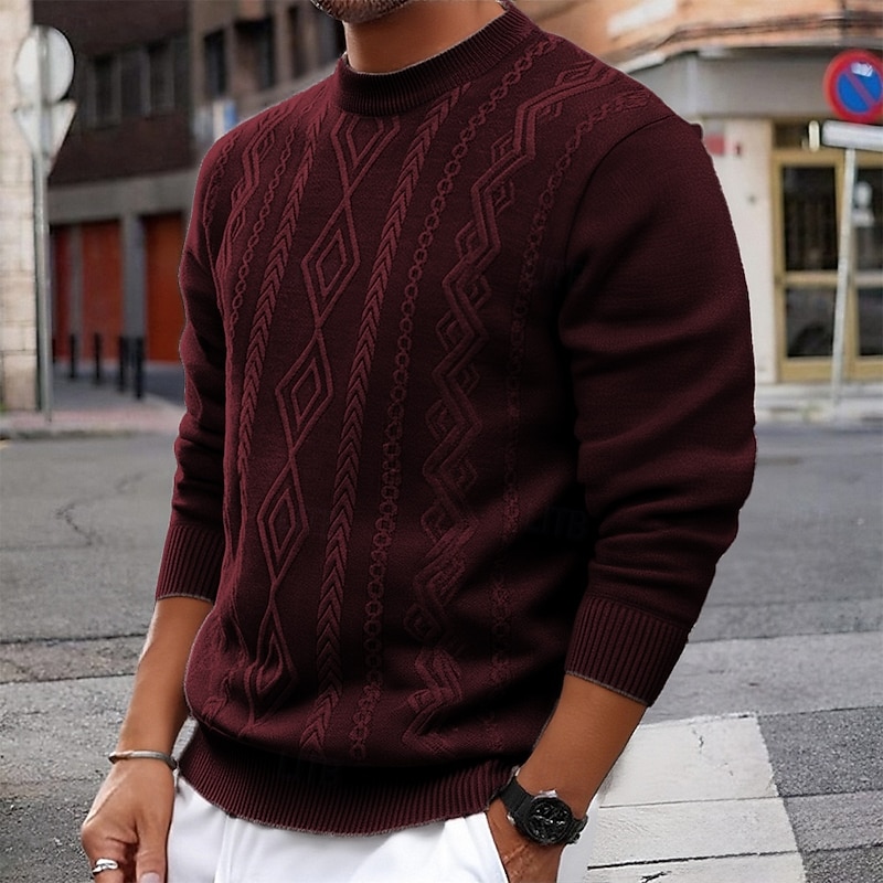 Men's Pullover Sweater Jumper Knit Sweater Ribbed Knit Regular Tops Knitted Fleece Plain Crew Neck Fashion Basic Vacation Daily Wear Clothing Apparel Fall Winter Wine Black S M L3