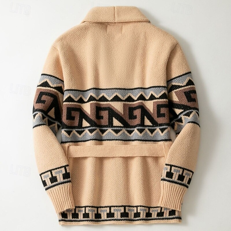 Men's Sweater Cardigan Sweater Fair Isle Sweater Ribbed Knit Short Belted Knitted Plain Shawl Collar Vacation Fashion Casual Daily Wear Clothing Apparel Fall Spring &  Fall khaki M L XL2