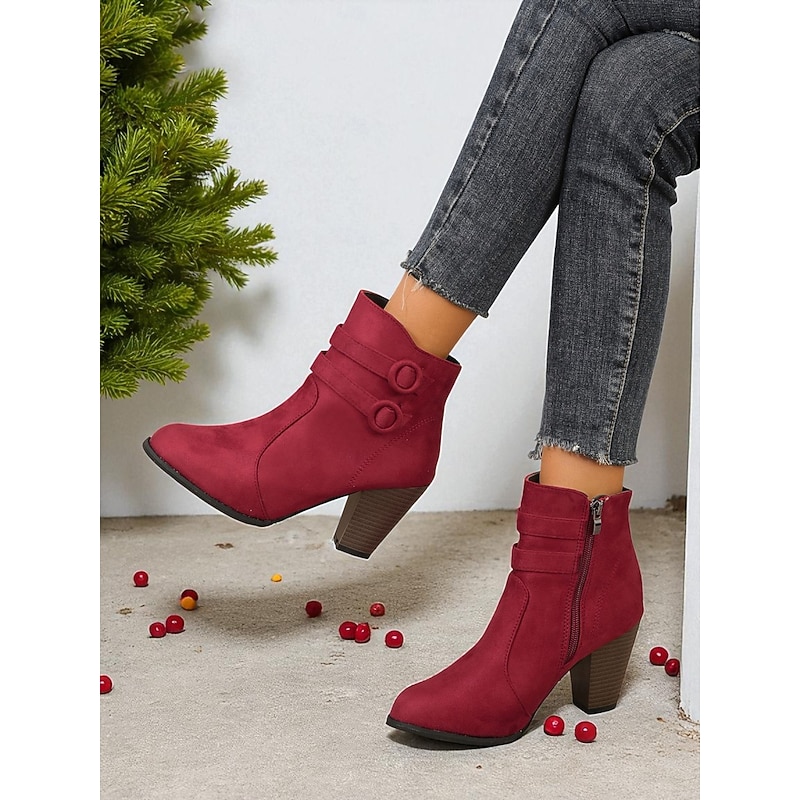 Women's Burgundy Ankle Boots – Faux Suede Block Heel Zipper Booties with Strap Detail for Casual Wear and Fall Outfits