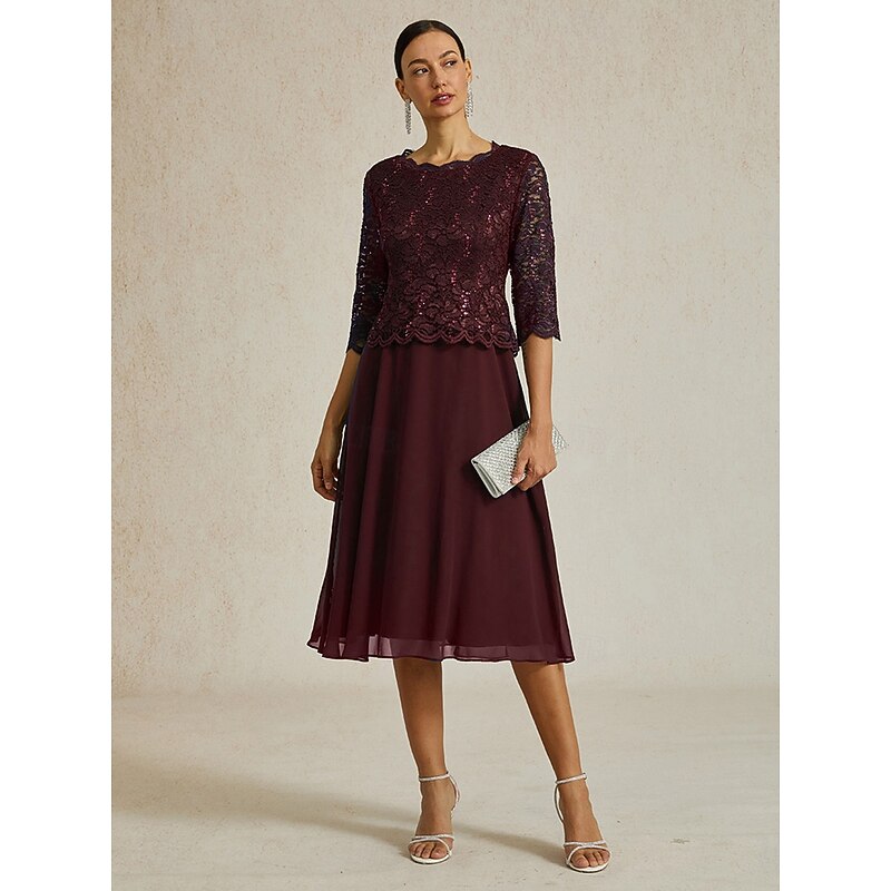 Women's Midi Dress A Line Dress Elegant Wedding Guest Evening Party Regular Fit Solid Color 3/4 Length Sleeve Crew Neck Wine Spring Fall Winter