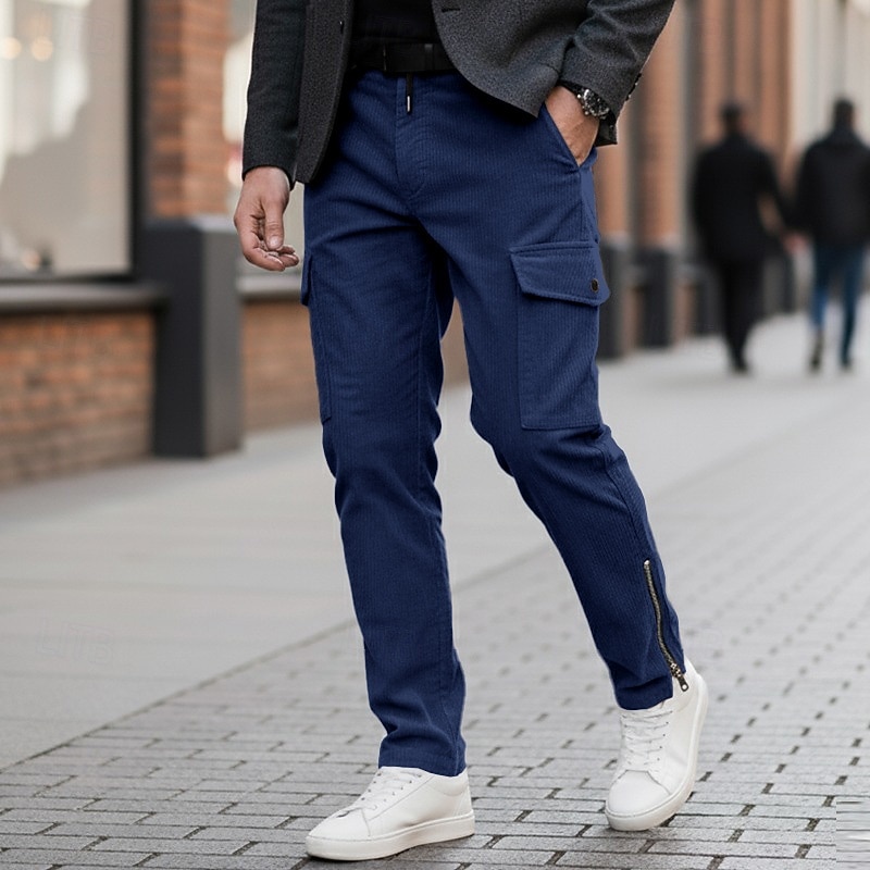 Men's Cargo Pants Trousers Corduroy Pants Winter Pants Drawstring Multi Pocket Zip Leg Plain Comfort Soft Full Length Outdoor Business Daily Fashion Streetwear Denim Blue Black Inelastic4