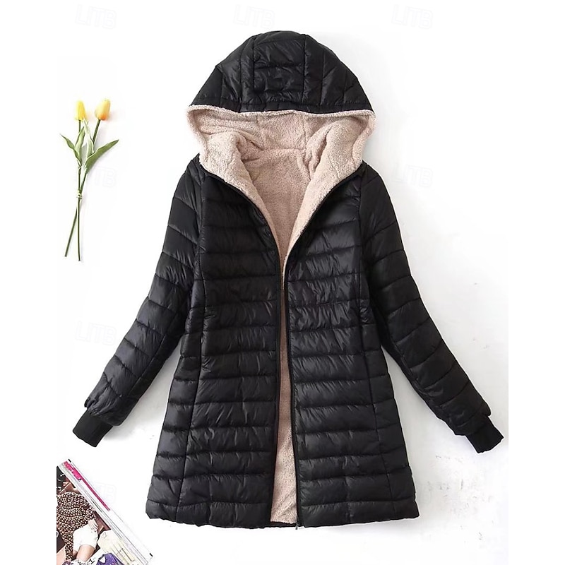 Women's Winter Coat Hoodie Jacket Warm Comfortable Zipper Pocket Casual Plain Vacation Daily Wear Going out Weekend Long Hooded Regular Fit Long Sleeve Outerwear Navy Black Wine Fall Winter