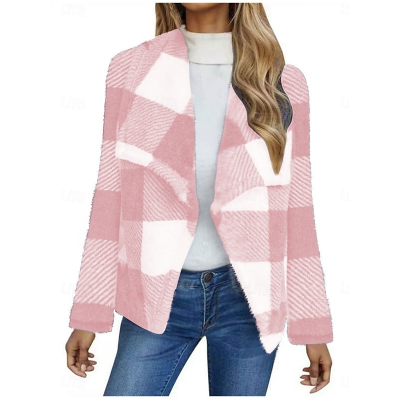 Women's Fleece Jacket Casual Jacket Comfortable Breathable Print Casual Plaid Vacation Street Casual Daily Wear Open Front Long Turndown Regular Fit Long Sleeve Outerwear Black And White Black Pink2