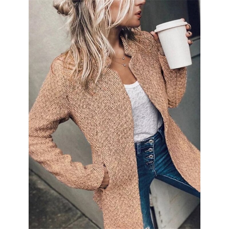 Women's Winter Jacket Comfortable Breathable Pocket Casual Plain Office Street Casual Daily Wear Open Front Regular Stand Collar Regular Fit Long Sleeve Outerwear Black Khaki Gray Spring Fall