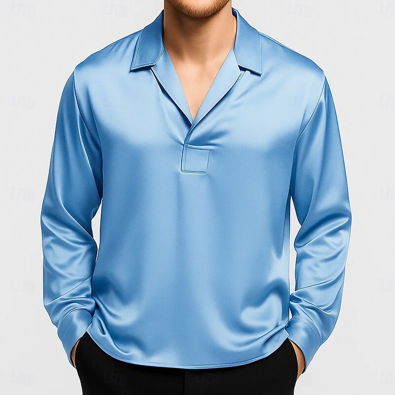 Men's Shirt Satin Shirt Dress Shirt Casual Shirt Button Up Shirt Prom Shirt Plain Formal Wedding Light Blue Black Gold Beige Long Sleeve V Neck All Seasons Clothing Apparel3