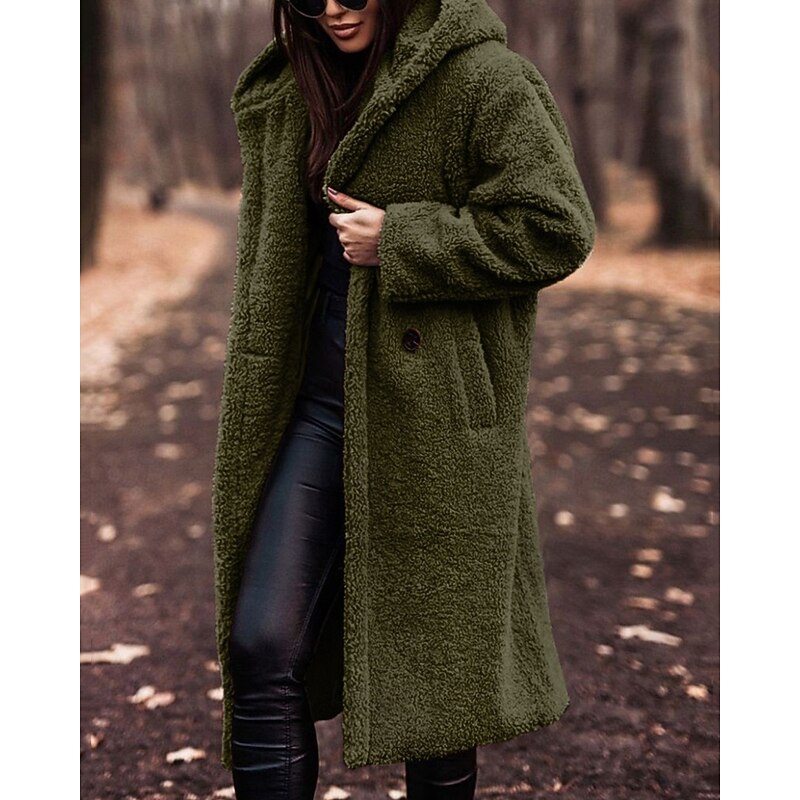 Women's Winter Coat Fleece Jacket Warm Comfortable Pocket Buttons Fashion Casual Plain Vacation Street Casual Daily Wear Single Breasted Long Hooded Regular Fit Long Sleeve Outerwear Army Green Fall