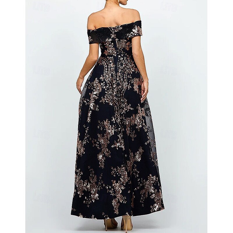 Black and Gold Floral Sequin Applique A-Line Evening Gown High-low Gown Elegant Formal Dress Formal Wedding Asymmetrical Short Sleeve Off Shoulder Sequined with Sequin Appliques 20254