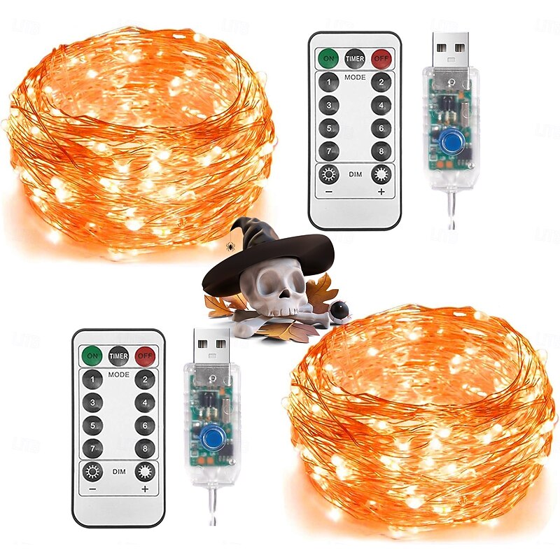 2 Pcs 20M/66FT 200 LED Beads Christmas Halloween Wedding Party Festival Fairy String Lights Indoor and Outdoor Courtyard Garden Decoration Light String USB Power Supply 8 Function Remote Control4