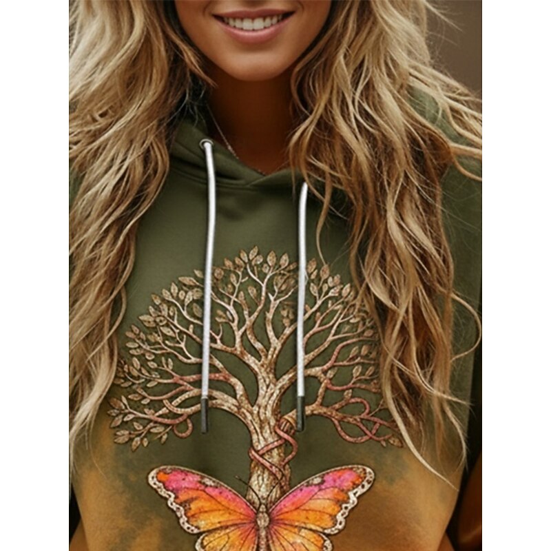 Women's Pullover Hoodies Graphic Vintage Streetwear Casual Long Sleeve Hooded Regular Tops Dailywear Casual Sports Drawstring Pocket Print Green Spring Fall2