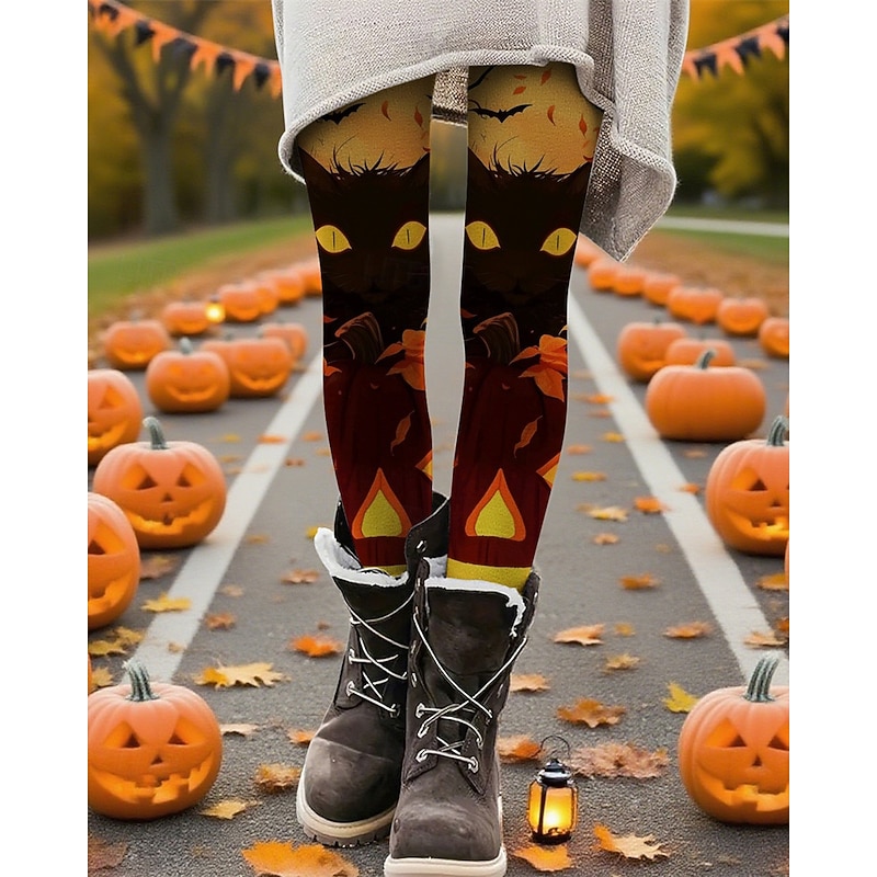 Women's Pants Trousers Leggings Cozy Leggings Streetwear Casual Full Length High WaistPantsHalloween Cat Elastic Waist Print Breathability Comfortable Stretchy Vacation Street Daily Wear Yellow3