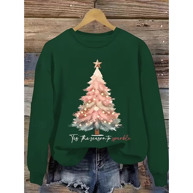 Women's Sweatshirts Graphic Christmas Tree Vintage Casual Long Sleeve Round Neck Regular Tops Street Dailywear Casual Print Pink Red Dark Green Green Fall Winter4