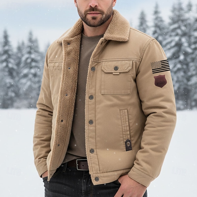 Men's American US Flag Bomber Jacket Sherpa Jacket Thermal Warm Vintage Casual Outdoor Home Multiple Pockets Cotton Jackets Winter Coats Fall Winter Fleece Turn-Down Collar Long Sleeve Black khaki3