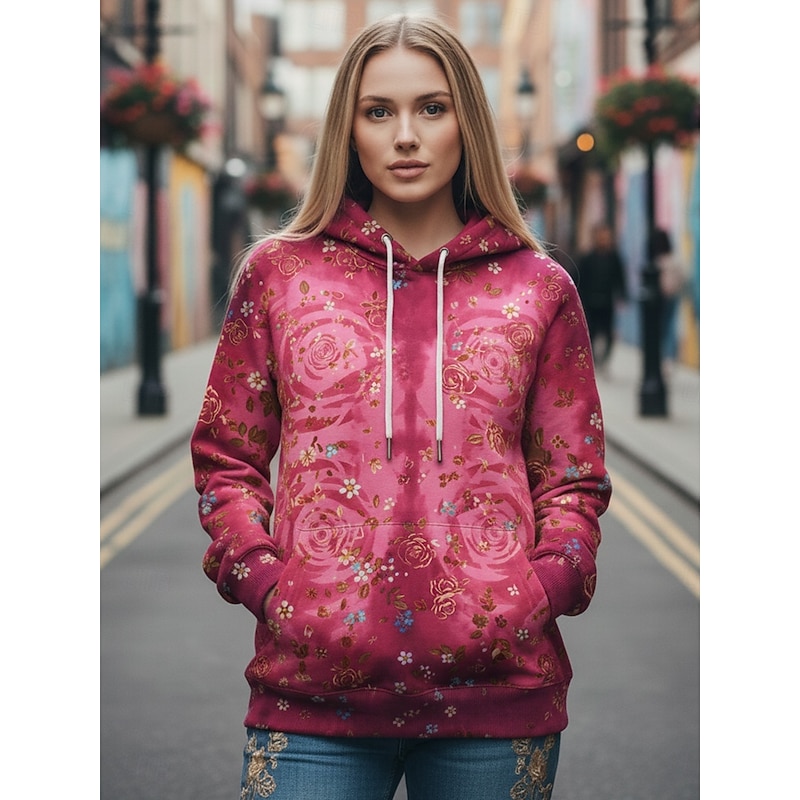 Women's Pullover Hoodies Rose Fashion Streetwear Casual Long Sleeve Hooded Regular Tops Dailywear Casual Sports Drawstring Pocket Print Red Fuchsia Spring Fall3