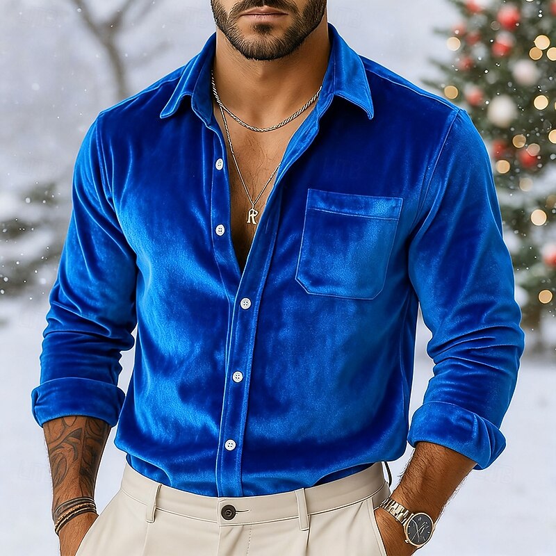 Men's Shirt Yellow Wine Royal Blue Green Long Sleeve Solid Color Plain Shirt Collar Carnival Christmas Pocket Clothing Apparel Christmas Elegant Warm Active4
