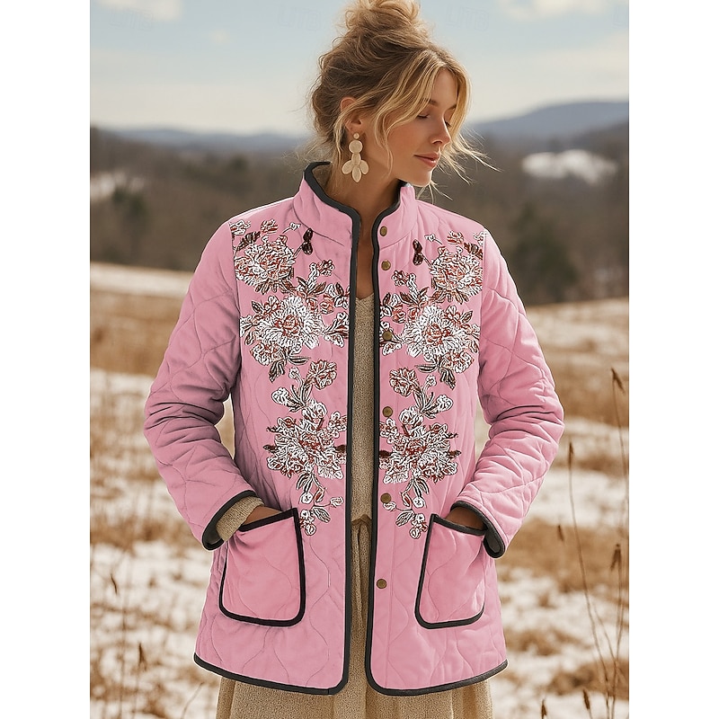 Women's Winter Jacket Quilted Jacket Warm Lightweight Embroidered Print Active Vintage Cute Artistic Floral Casual Short Stand Collar Regular Fit Long Sleeve Outerwear Pink Blue Purple Fall Winter