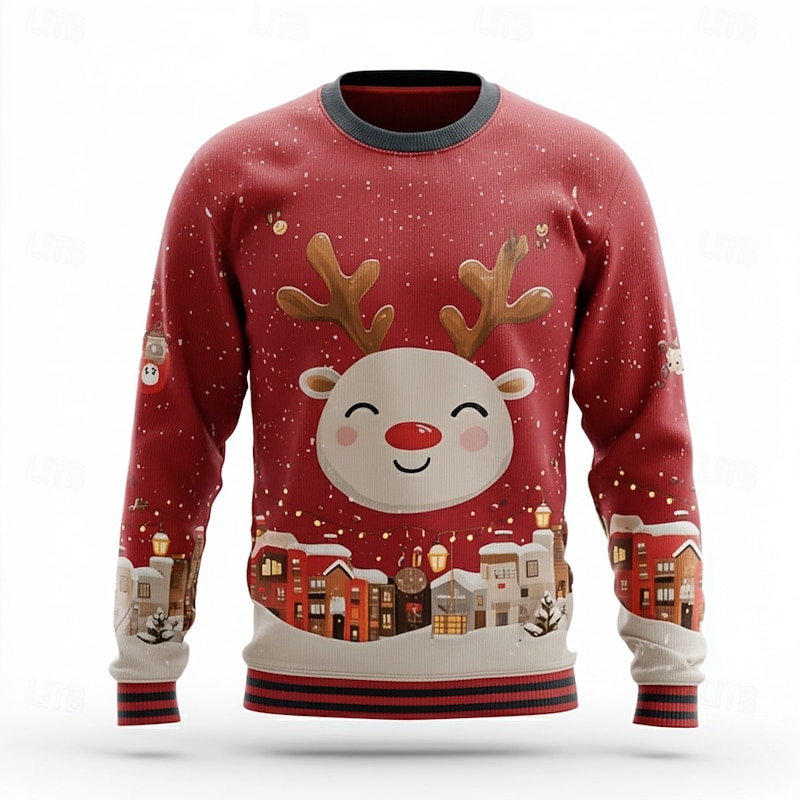 Ugly Christmas Sweater Men's Elk Pullover Sweater Jumper Knitwear Crewneck Casual Vacation Daily Festival 3D Print Keep Warm Long Sleeve Spring Fall Winter Black Red Orange