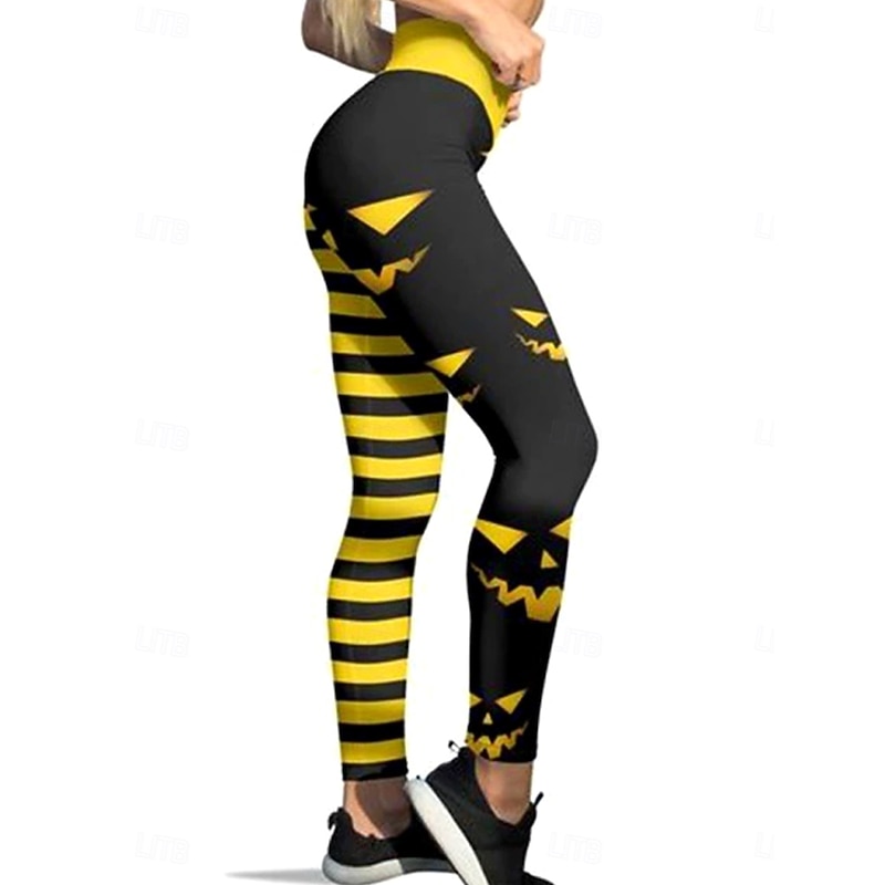 Women's Leggings Vacation Vintage Fashion Ankle-Length High WaistPantsHalloween Graphic Striped Halloween Printing Soft Breathable High Elasticity Vacation Street Causal Black Green Yellow Orange3
