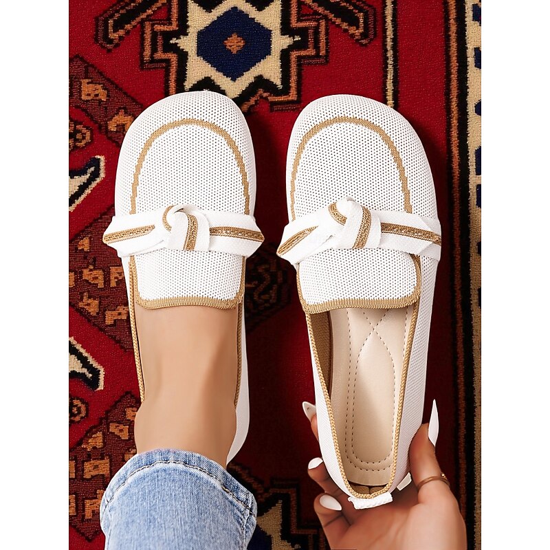 Women's Wide Width Flyknit Loafers with Knotted Bow – Casual Comfort Flat Shoes for Daily Wear and Travel
