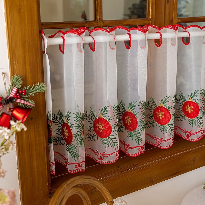 Christmas Red Half Curtain American Style Door Curtain Cafe Curtain, Embroidered Lace Semi Blackout Window Treatment for Holiday Decoration3