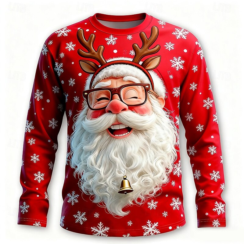 Christmas Men's Santa Claus Funny T Shirt Long Sleeve T shirt 3D Print Crew Neck Shirt Fashion Basic 3D Street Casual Daily Red 3 Red Red 2 Summer Spring Clothing Apparel S M L XL XXL XXXL