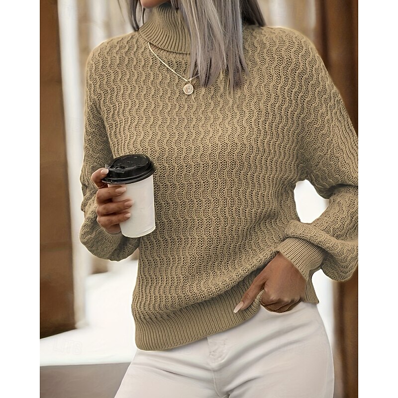 Women's Sweater Pullover Streetwear Casual Solid Color Cable Turtleneck Knitted Long Sleeve Regular Tops Knit Daily Holiday Going out Khaki Coffee Fall Winter4