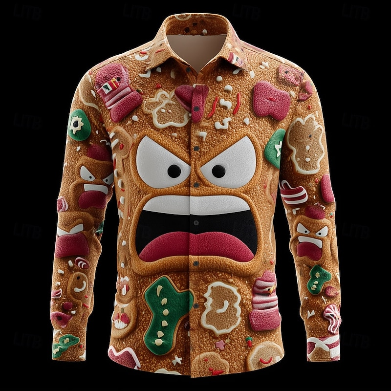 Christmas Men's 3D Cartoon Smile Face Gingerbread Man Shirt Button Up Shirt Long Sleeve Funny Outdoor Holiday Spring Fall Turndown 3D Print Collared Shirts Blue Green Khaki3