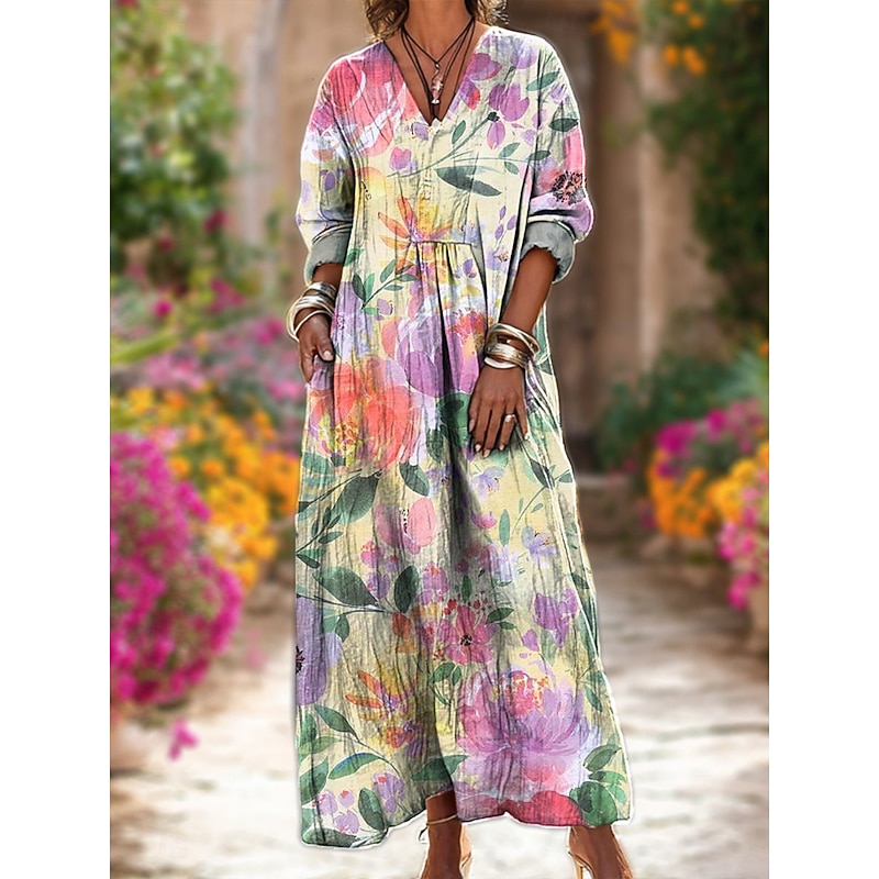 Women's Midi Dress Shift Dress Vacation Casual Boho Going out Beach Loose Fit Floral Graphic Long Sleeve V Neck Yellow Pink Blue Green Spring Fall Winter4