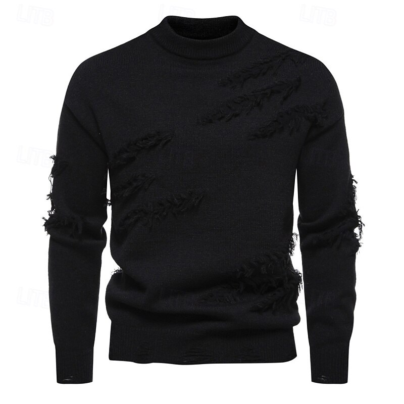 Men's Sweater Pullover Sweater Jumper Ribbed Knit Regular Tops Tassel Fringe Knitted Plain Crew Neck Knitwear Streetwear Casual Daily Wear Clothing Apparel Fall Black Beige S M L2