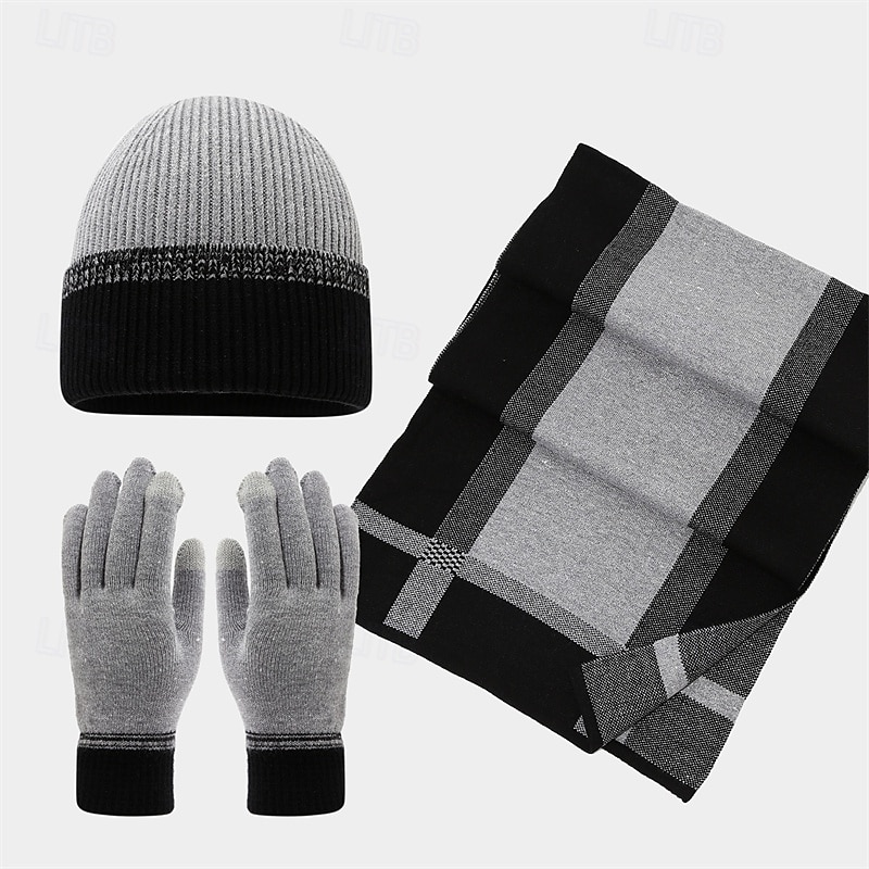 Men's Beanie Hat Winter Hats Beanies Hat & Gloves Set Winter Beanie khaki Light Grey Acrylic Fibers 3-Piece Knitted Cozy Daily Wear Going out Color Block Warm