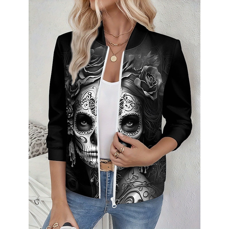 Women's Casual Jacket Warm Quick Dry Zipper Pocket Elegant Fashion Daily Simple Skull Vacation Casual Daily Holiday Regular Baseball Collar Regular Fit Long Sleeve Outerwear Blue Purple Green Spring4