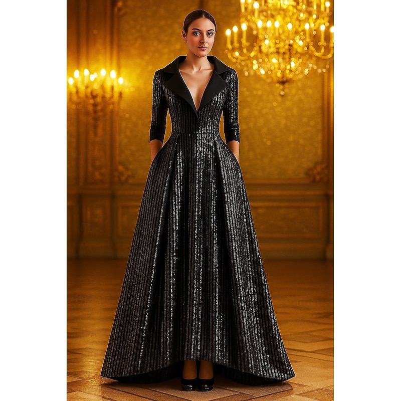 Black Blazer Tuxedo Dress Sequin A-Line Formal Wedding Wedding Guest Elegant Vintage 3/4 Length Sleeve Floor Length Notched Lapels Zipper4