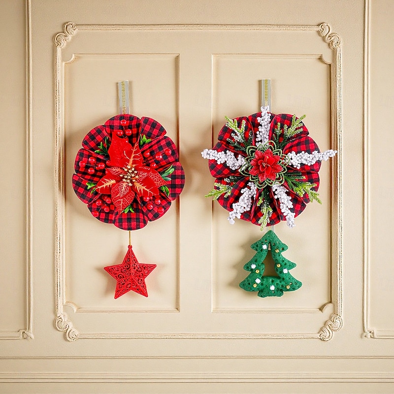 Christmas Wreath Hanging Decoration With Five Pointed Star Pendant For Door Window Ornament Holiday Party Supplies Christmas Tree Hanging Garland Home Indoor Outdoor Decor