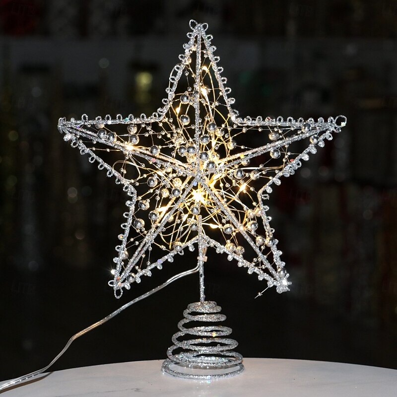 Christmas Tree Topper Star Led Light Xmas, Glitter Iron Five-Pointed Star Ornament, Hanging Tree Decoration, Festive Holiday Xmas Tabletop Home Decor Gift3