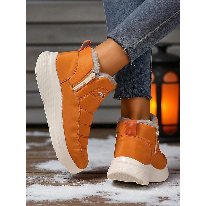 Women's Orange Warm Ankle Snow Boots – Faux Fur Lined Waterproof Winter Shoes with Side Zipper for Halloween, Outdoor and Casual Wear4