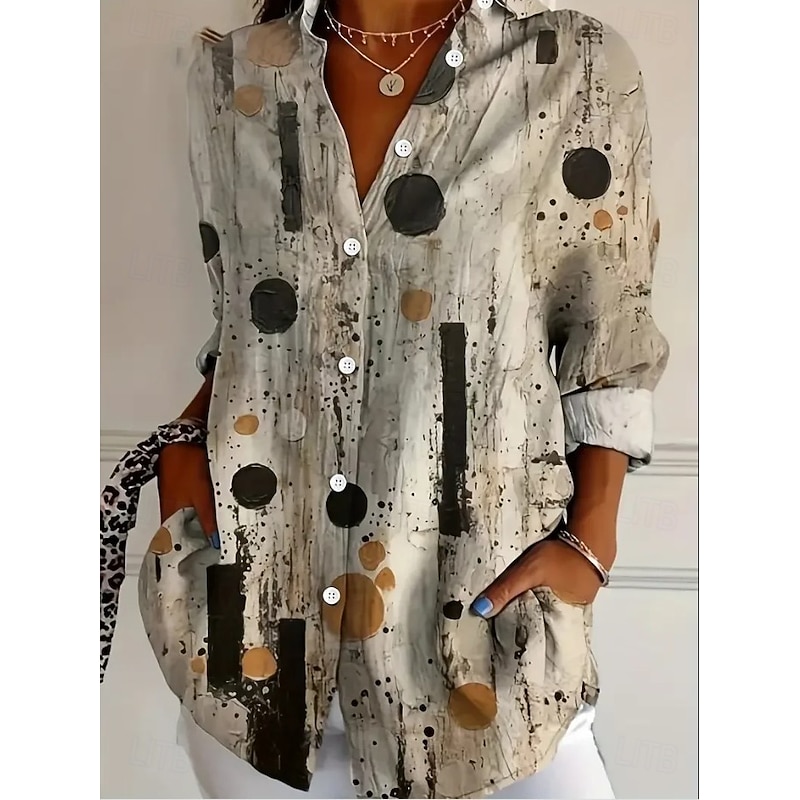 Women's Shirt Graphic Geometric Abstract Vintage Daily Casual Long Sleeve Shirt Collar Regular Tops Daily Holiday Print Black Light Brown Brown Summer Spring2